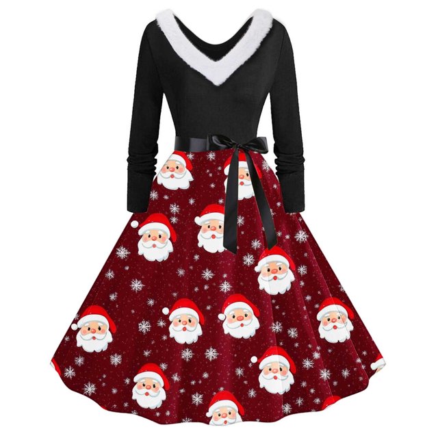 TIMIFIS Robes de Noël pour Femmes Imprimé de Noël Laid Robes Ligne A Robe de Bal Col en V Manches Longues Plissée Rétro