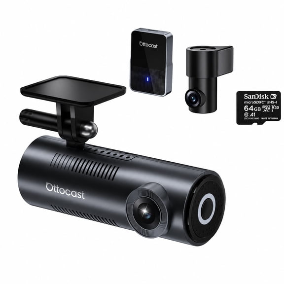 Ottocast OttoSafe 2-in-1 2K Dash Cam & Wireless CarPlay Adapter with Rear Camera and 64GB microSD Card, Live Road View, Night Vision and Impact Lock, for Factory Wired CarPlay Vehicles