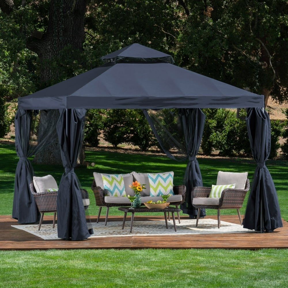 Aleena Outdoor 10' x 10' Water Resistant Fabric and Steel Gazebo, Blue, Dark Gray