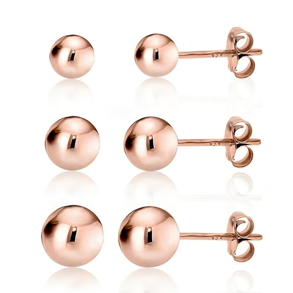 Kezef Rose Gold over 925 Silver High Polish Smooth Round Ball Stud Earring 3-Size Set - 4mm, 5mm, 6mm