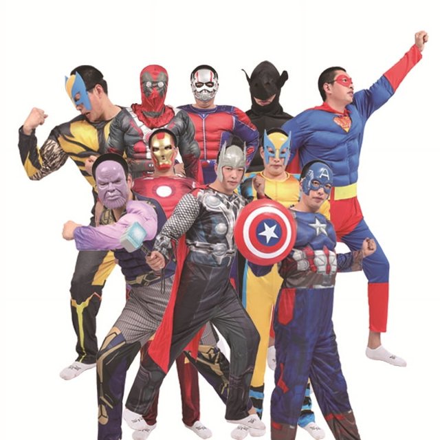 Cosplay Iron Man Hero Man-Man Ropa Spider Black Bat Man Thor Dios Capitán América Ropa de músculo adulto Masculino