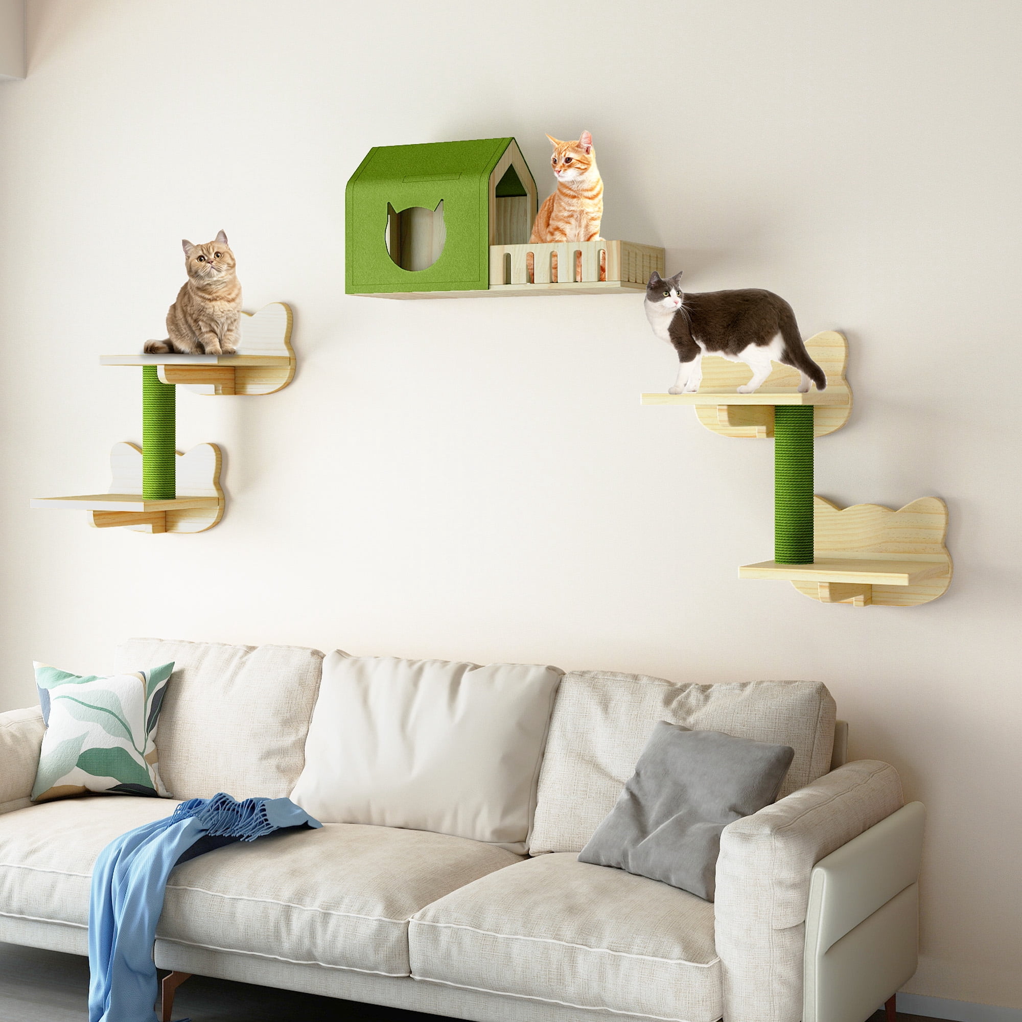Dextrus 7-Piece Wall-Mounted Cat Furniture Set with Green House, 2 Sisal Scratching Posts & Cat-Shaped Steps – Solid Pine Wood for Indoor Cats, Space-Saving Wall Shelves