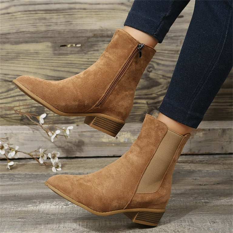 LUOGENLI Female Ankle Boots for Women No Heel Ladies Fashion Solid Color Suede Pointed Side Zipper Thick Heel Short Boots Womens Cowboy Boots Brown Square Toe Womens Cowboy Boots Brown and Blue