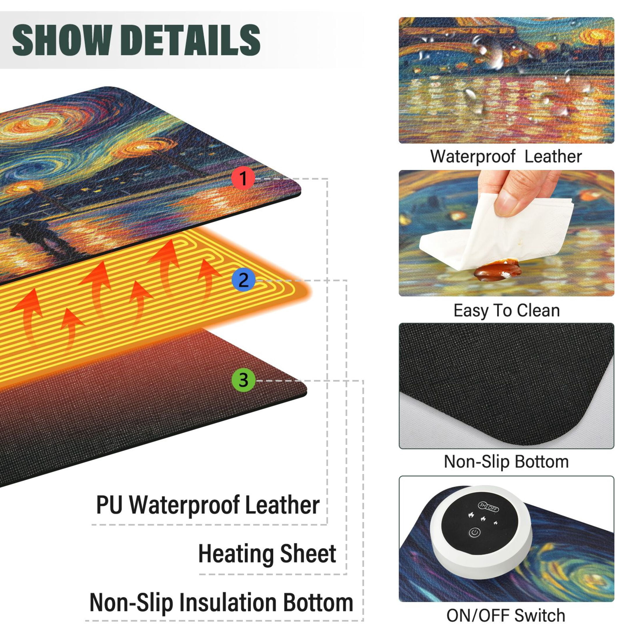 Large Heated Desk Mat Mouse Pad 31.5"x13"PU Leather Graphene Heating Desk Warmer with 3 Temperature Settings 110V US Plug Non-Slip Warm Pad for Home, Office, and Gaming Eiffel Tower under The Stars