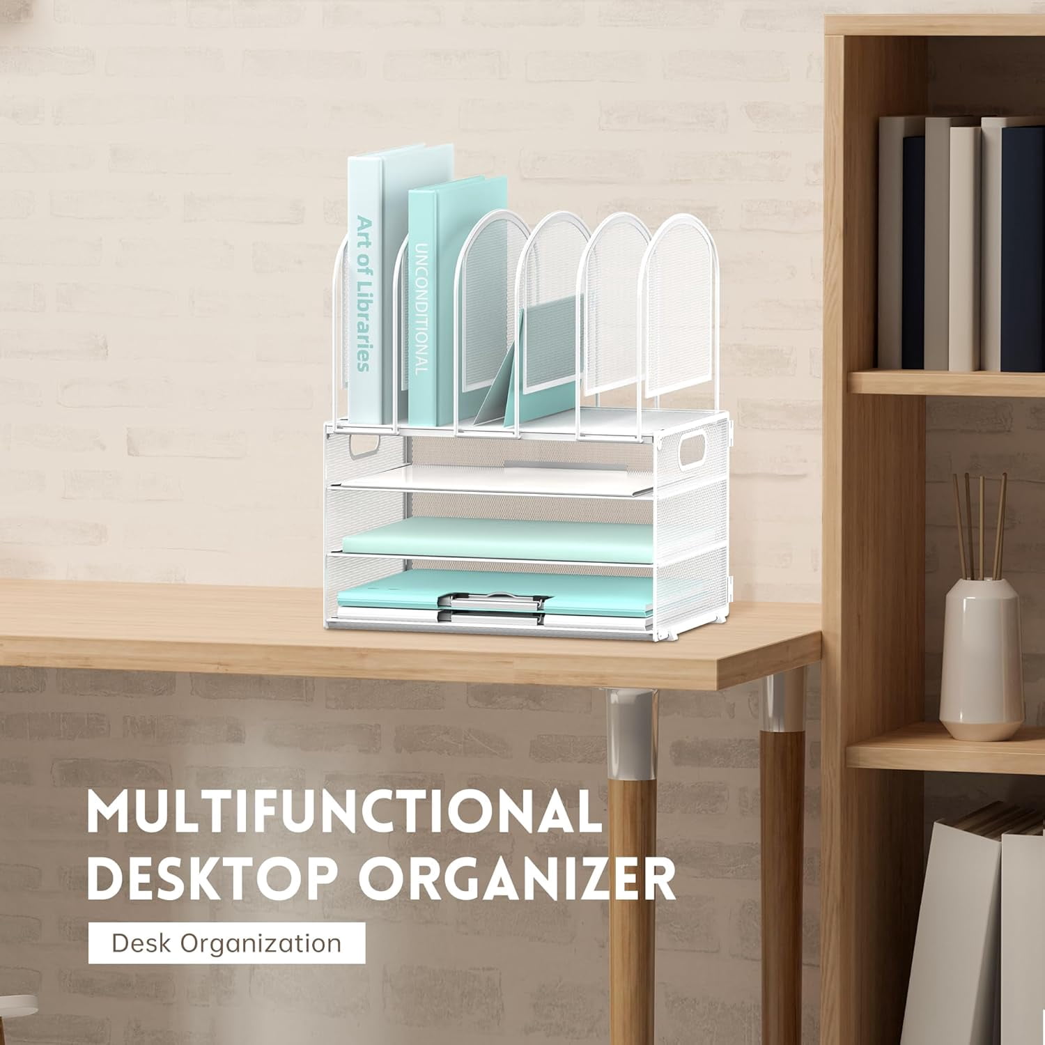 INTIGE Desk Organizer with Vertical File Holder, 3 Tier Desktop Organizer with 5 File Folder Holders and Handles, Metal Mesh File Organizers and Accessories for Home Office Organization