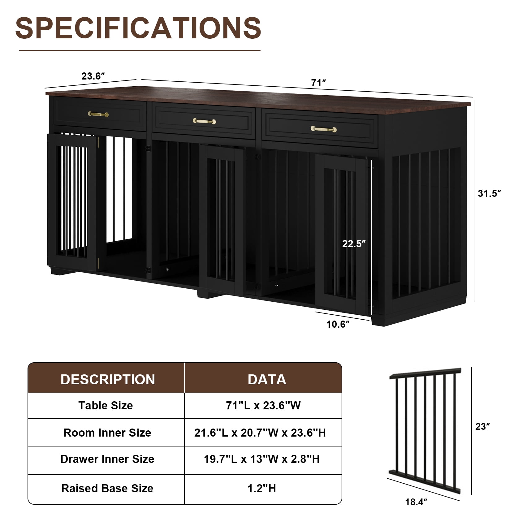 Jenser Multi-Functional 3-Door 72" Wooden Furniture Style Crate for Dogs with 2 Dividers