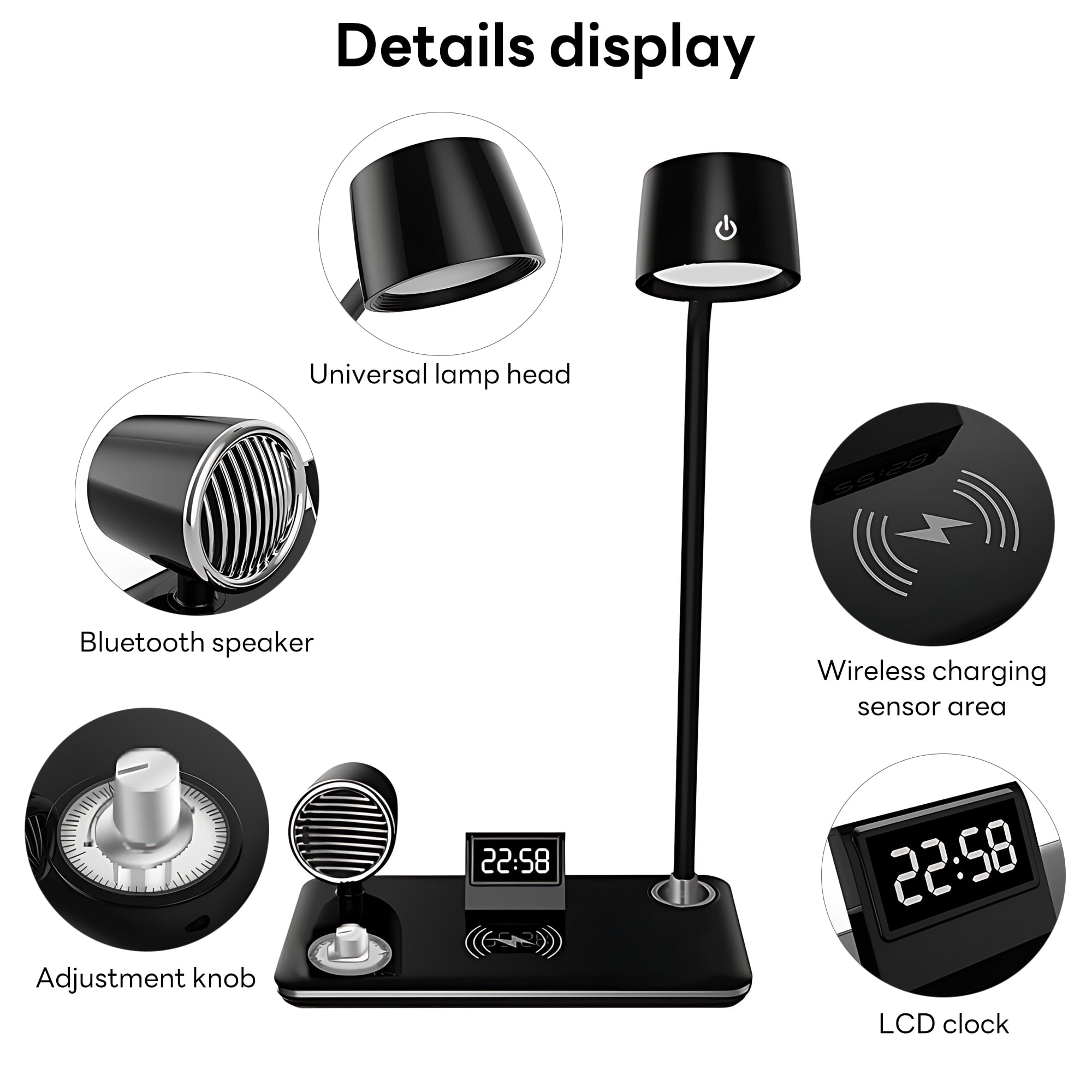 INSMART Wireless Charging Desk Lamps for Home Office,4-in-1 LED Bedside Lamp with 15W Fast Charger,Bluetooth Speaker,Digital Clock,360° Adjustable,3 Lighting Mode, Black