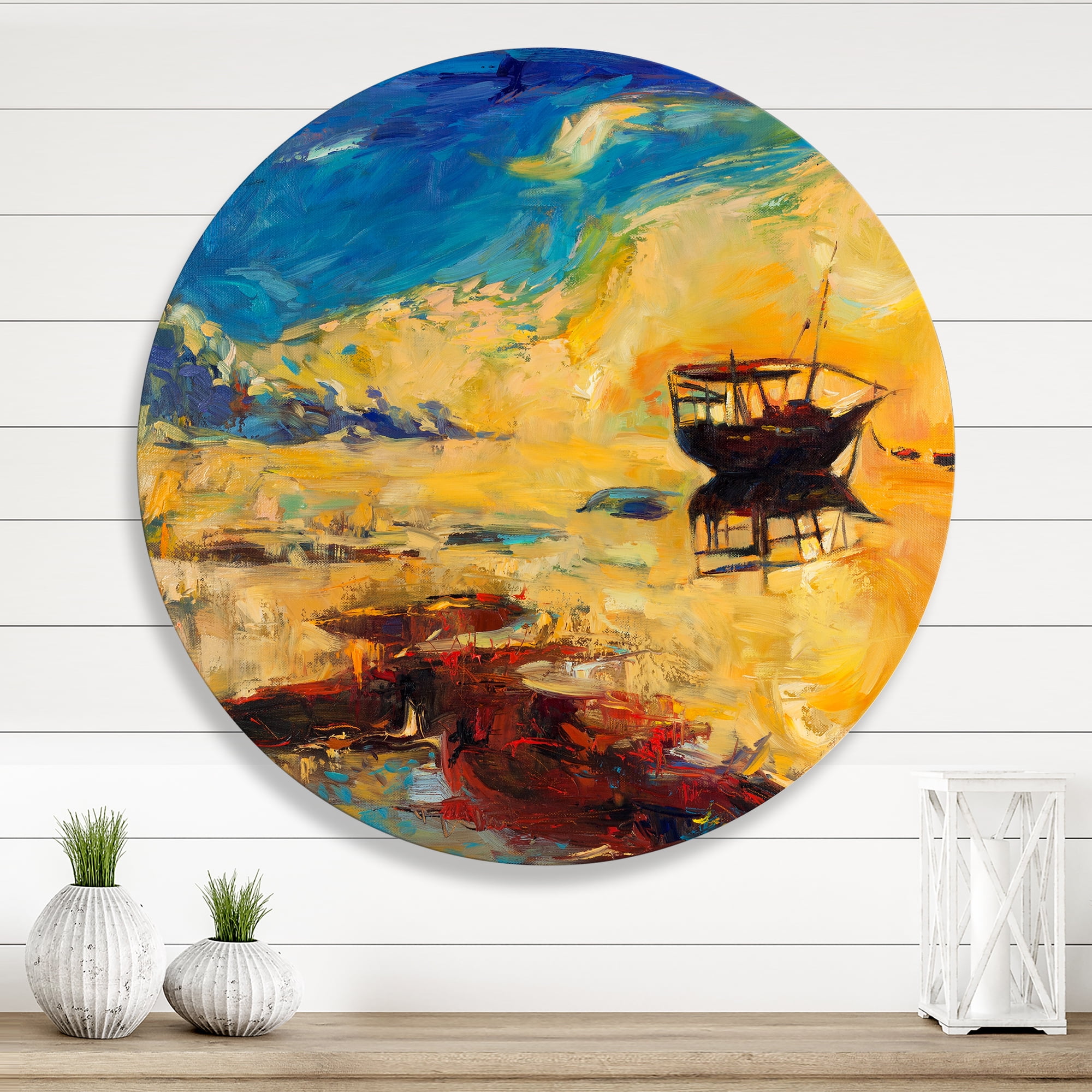 Designart 'Abstract Boat At The Ocean Horizon During Sunset' Nautical & Coastal Circle Metal Wall Art 11x11 - Disc of 11