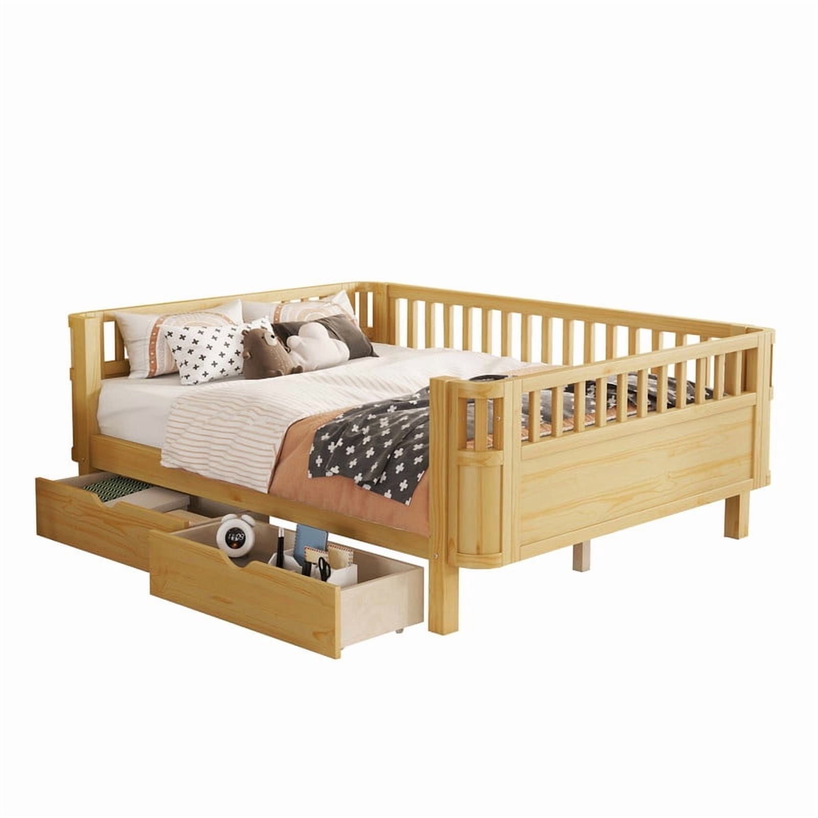 Full Size Bed Frame with Rails, Wood Montessori Bed Full with 2 Storage Drawers &Slats Support, Modern Daybed with Removable Bed Rails for Bedroom Living Room, Natural