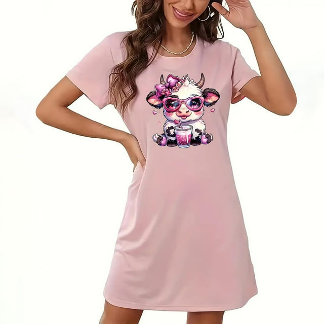 Camisón corto de San Valentín para mujer, talla grande, estampado en el pecho, cuello redondo, manga corta