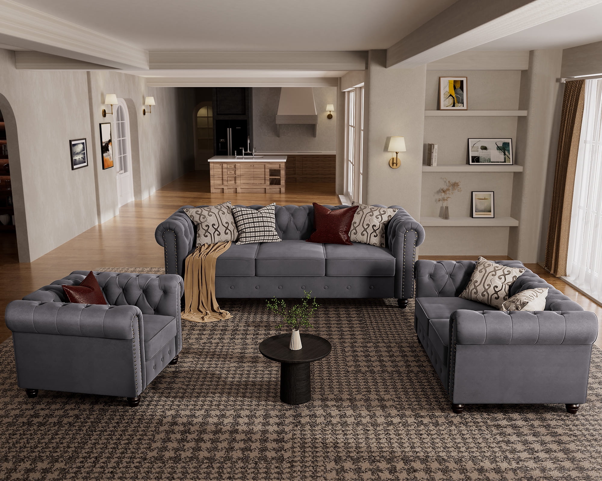Morden Fort Chesterfield Chair Loveseat and Sofa Set, 3 Pieces Living Room Velvet Couch Set, Grey