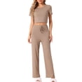 thumbnail image 2 of INSPIRAR CHIC Conjunto de Pijama de Mujer de Punto Acanalado de 2 Piezas con Top Corto de Manga Corta y Pantalones Conjuntos de Ocio Color Camel, 2 of 5