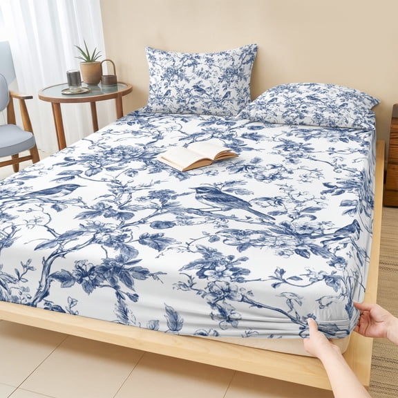 King Size Fitted Sheet Set - Blue Botanical 3 Piece Bedding Sets 16" Deep Pocket Fitted Sheet with 2 Pillowcases, Vintage Botanical Birds Brushed Microfiber Hotel Luxury Bed Sheets