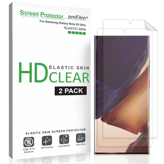 amFilm Galaxy Note 20 Ultra Screen Protector (2 Pack), Case Friendly HD Clear (Fingerprint Scanner Compatible) Elastic Skin Film (2020)