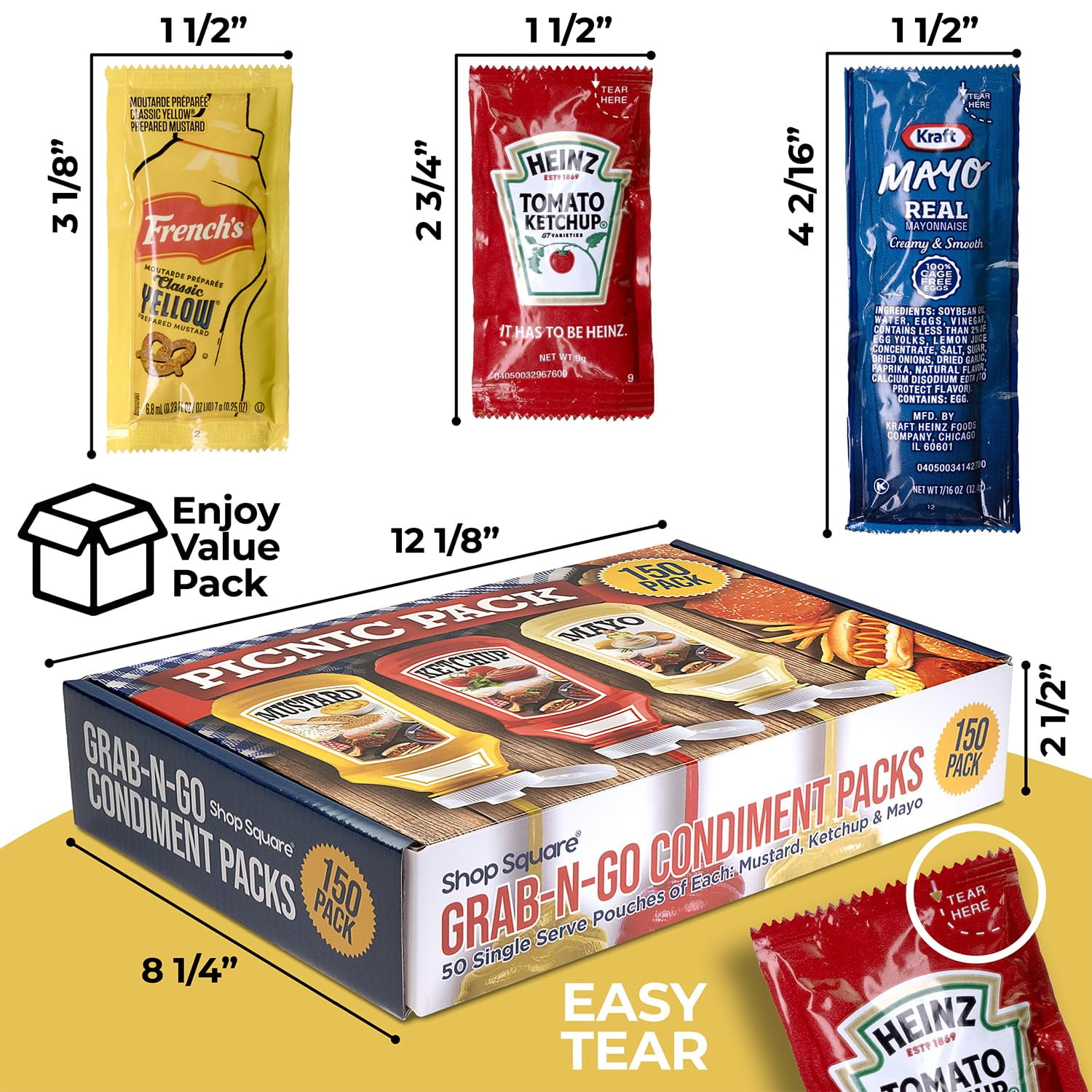 Grab-n-Go Condiment Packs - 150 Count, Ketchup, Mustard, and Mayo - Great for Picnics, Boxed Lunch, BBQ, Travel, Picnic and Parties (50 Each)