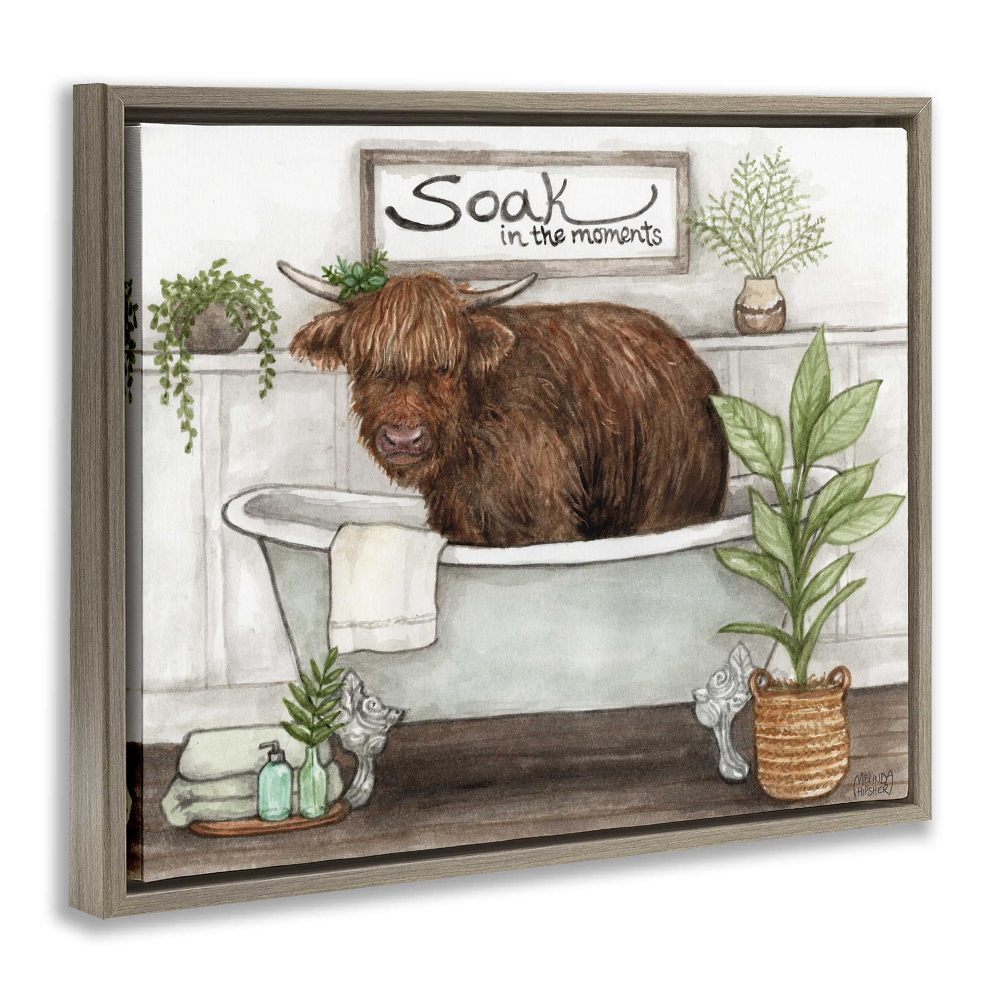 Soak In Moments Cattle Brown Framed Floater Canvas Wall Art, design by Melinda Hipsher