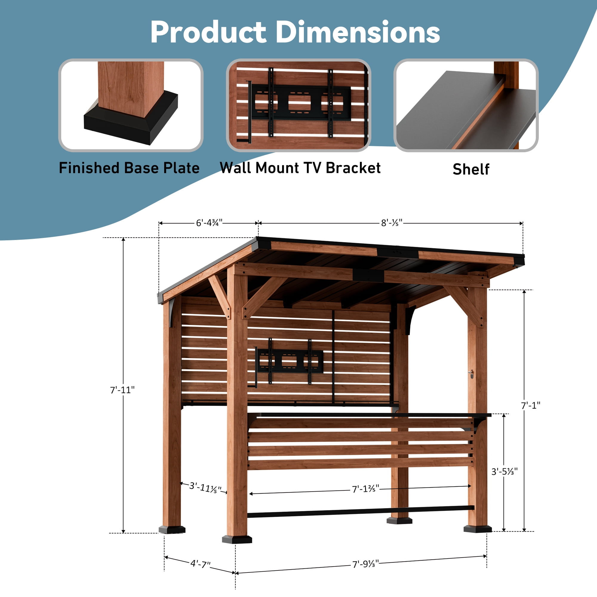 Modern Shade Cedar Wood Bar Center Gazebo with Steel Roof, Shelves, TV Mount & Power Strip for Patio or Garden