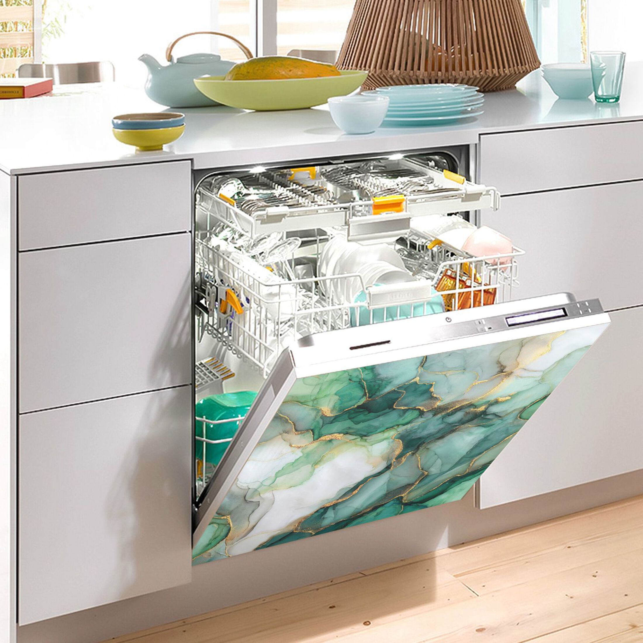 Dishwasher Magnetic Refrigerator Magnet Cover Sticker Home Decorative 23"x26" Golden Green Marble Crack