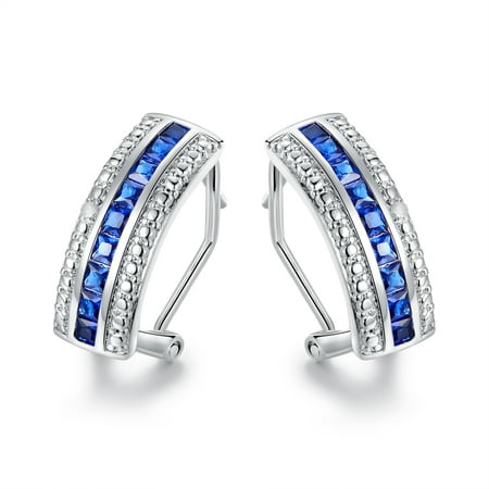 Rhodium Plated Lab-Created Sapphire & Diamond Accent Half Hoop (Best Lab Created Diamond Earrings)