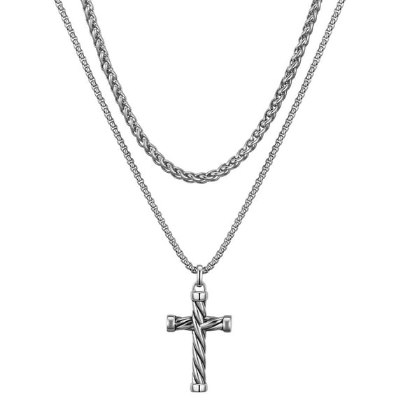 Believe by Brilliance Men's Wheat Chain and Cross Necklace Set, 22/24"