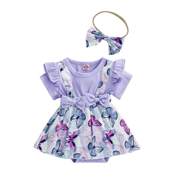Faithtur Barboteuse à Manches Courtes pour Bébé Fille + Bandeau avec Nœud, Vêtements d'Été Princesse à Col Rond Imprimé Butterfly