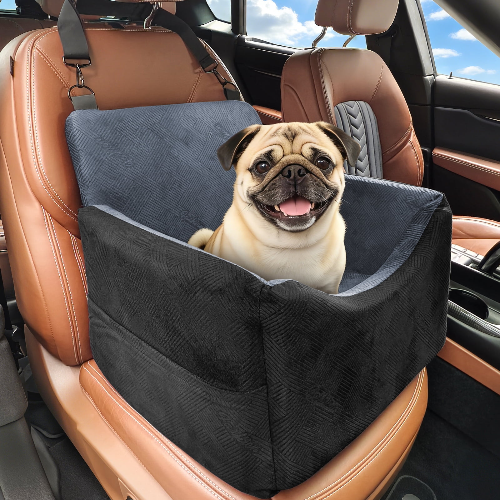 Dog Booster Car Seat for Small/Medium Dogs, Washable Dog Car Seats with Detachable Cover, Memory Foam Puppy Car Seat, Portable Pet Car Seat, Safety Belts, Storage Pockets, up to 30 lbs, Medium(Black)