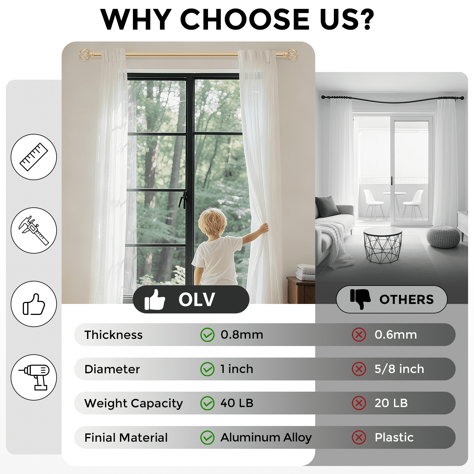 OLV 1" Gold Twist Cage Adjustable Single Curtain Rod Set for Windows,36-120"