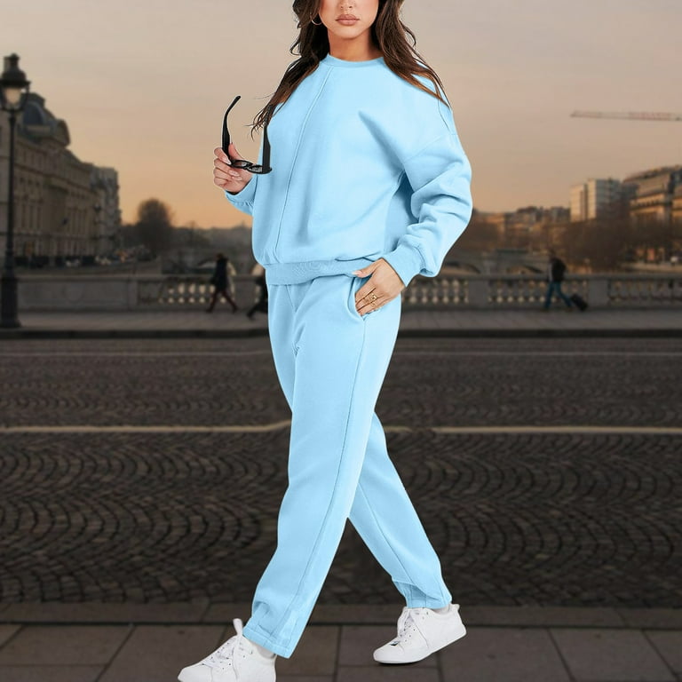 ZQGJB Women s 2023 Two Piece Sweatsuit Outfits Casual Long Sleeve Crewneck Pullover Sweatshirt Top and Sweatpants Matching Tracksuit Jogger Set Light