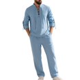 thumbnail image 5 of Migroa Mens 2 Pieces Cotton Linen Set Long Sleeve Shirts Casual Drawstring Yoga Pants Loose Fit Straight Legs Beach Trousers Summer Beach Wedding Outfits Light Blue L, 5 of 8