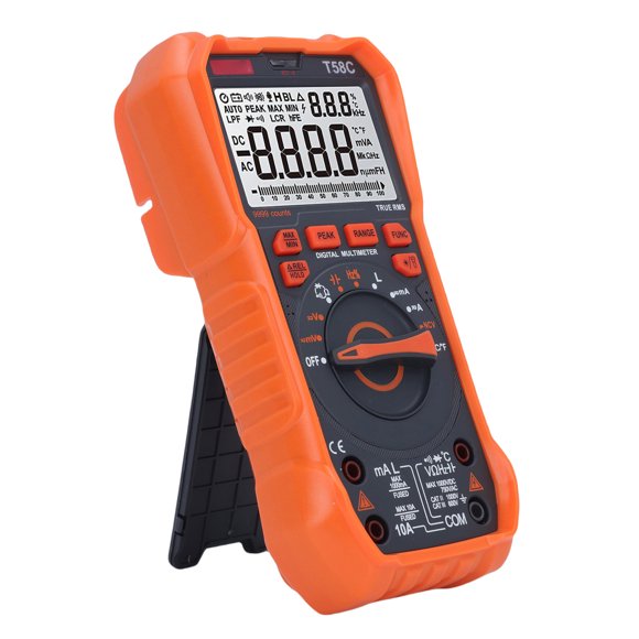 Current Digital Multimeter TRMS 9999 Counts Backlight Display LED Indicator Voltage Current Frequency Temperature Capacitance Meter with Back Stand
