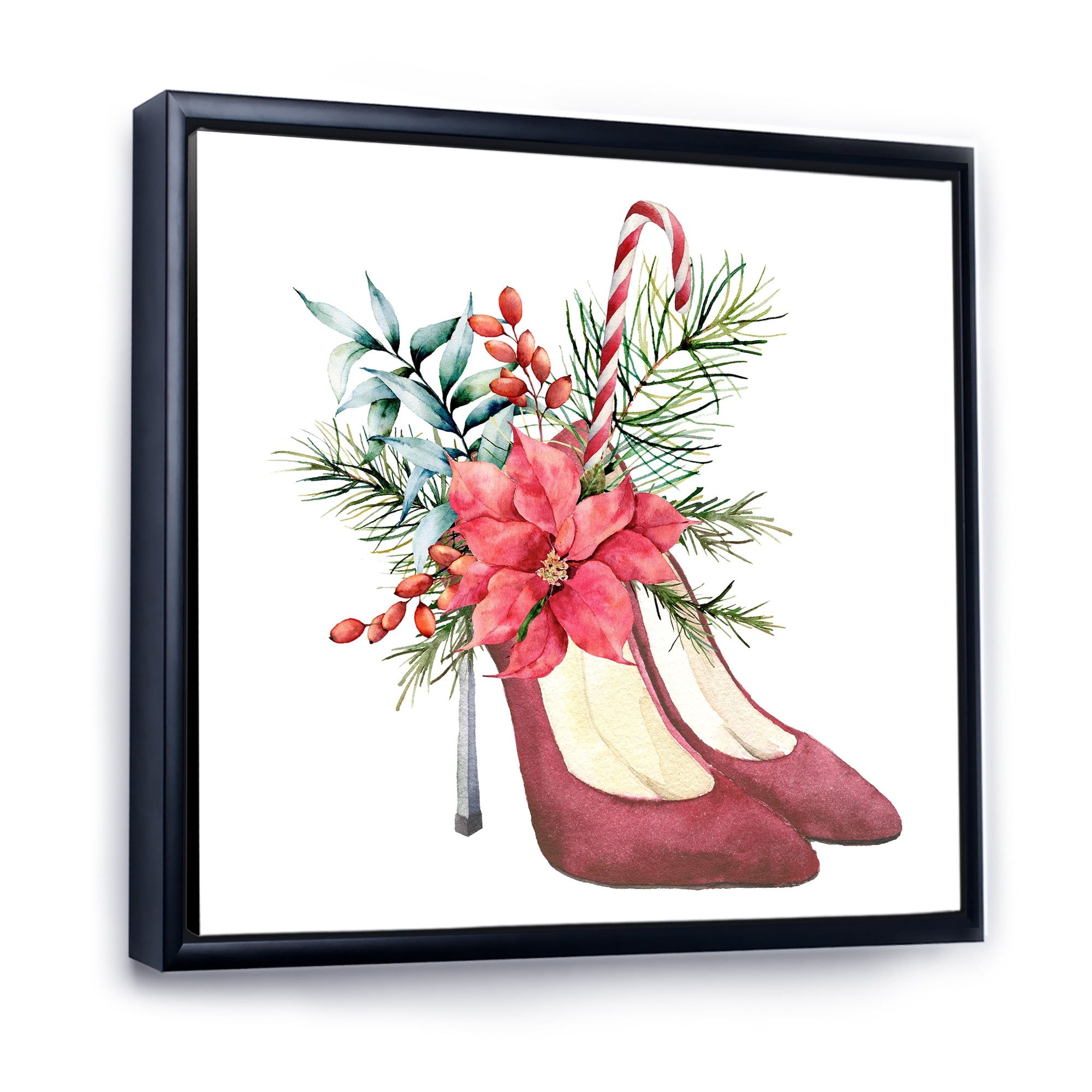 Designart 'Red Suede Heeled Shoes With Christmas Red Floral Decor' Traditional Framed Canvas Wall Art Print