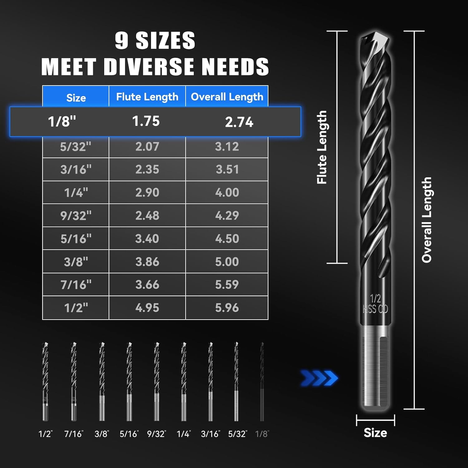 FRKSMD-1/8" Triple Spiral Flute Cobalt Drill Bit Set (Pro - TiAlN Coated), Metal Drill Bit Set for Steel, Hardened Metal, Stainless Steel, 10-Piece with Index Storage Case