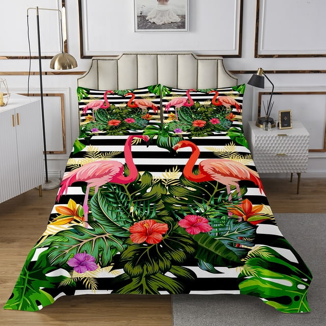 Erosebridal Plam Flower Coverlet Set Queen, Abstract Bedding Set, Kawaii Flamingo Decor, 3 Pieces