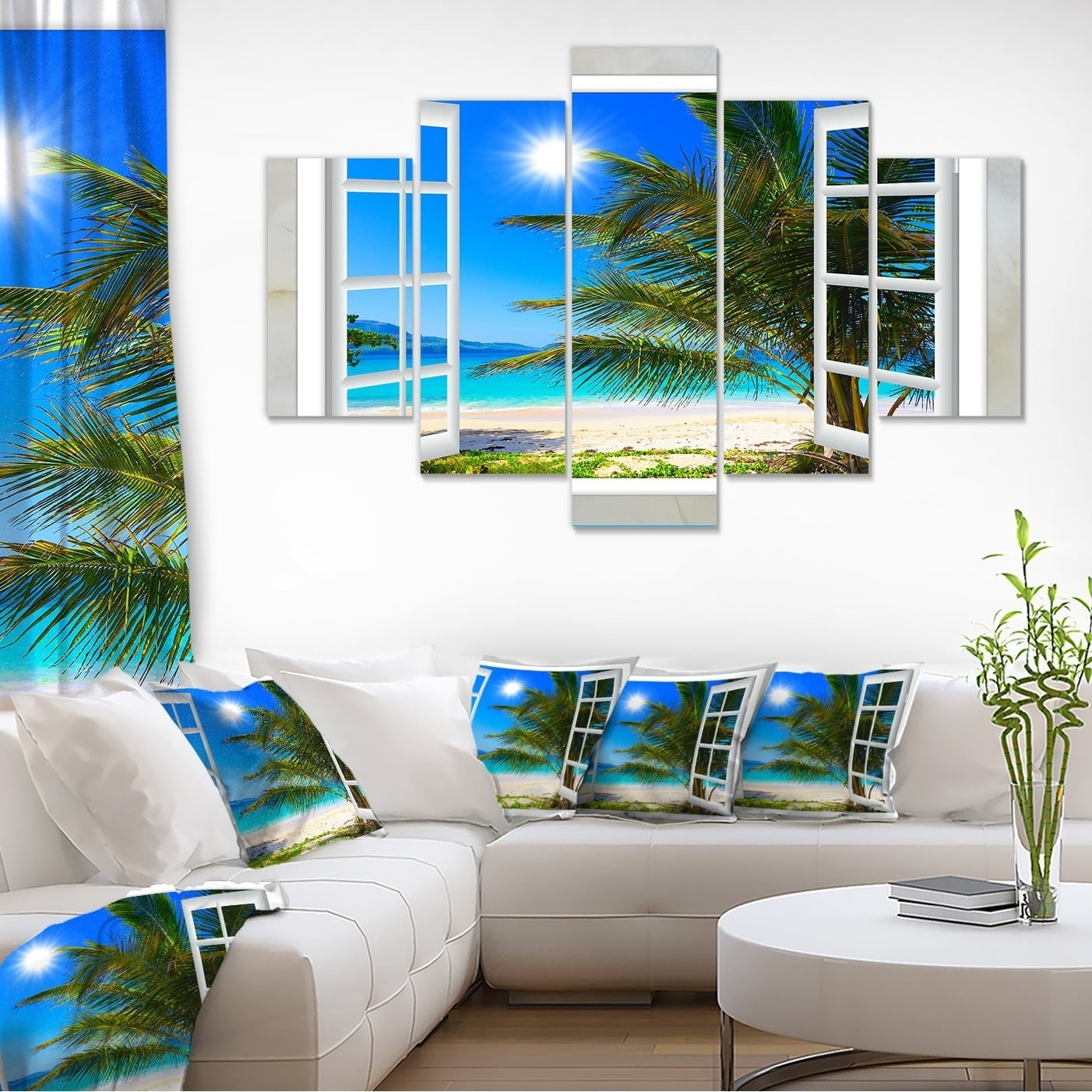 Designart 'Window Open to Beach with Palm ' Extra Large Seashore Canvas Art