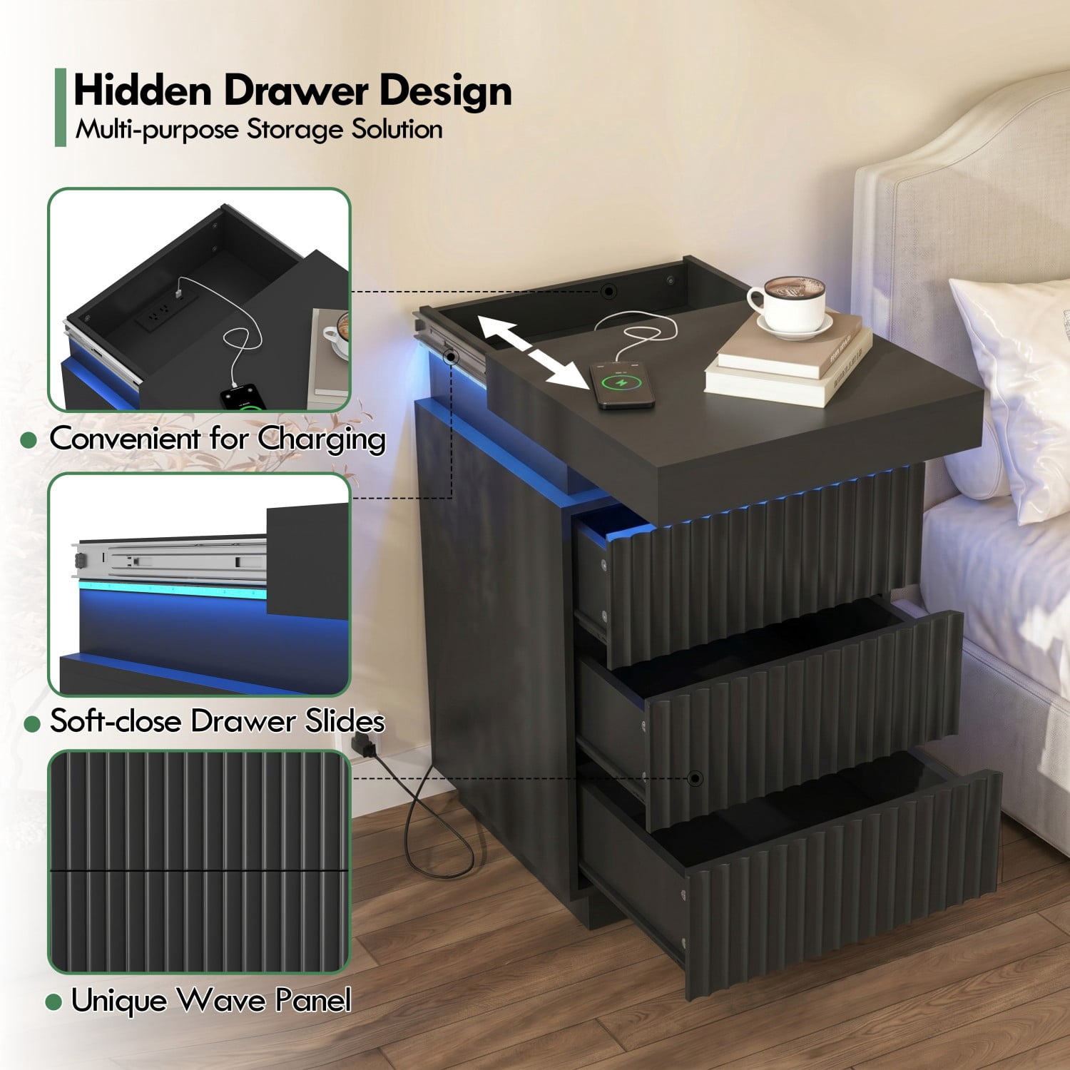 Set of 2 Black Nightstands with Charging Station & LED Lights, Fluted Wave Panel Bedside Tables with Hidden Sliding Top Storage, 3 Drawer Night Stands for Bedroom & Living Room