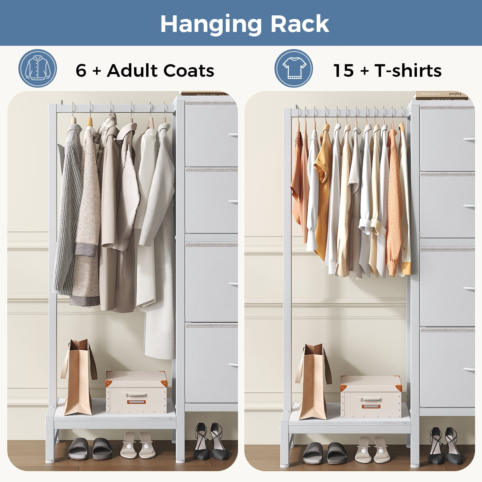 CONCETTA 4 Drawers Dresser with Hanging Rack, 44-inch Tall Reversible Fabric Chest, Bedroom Storage Tower, White