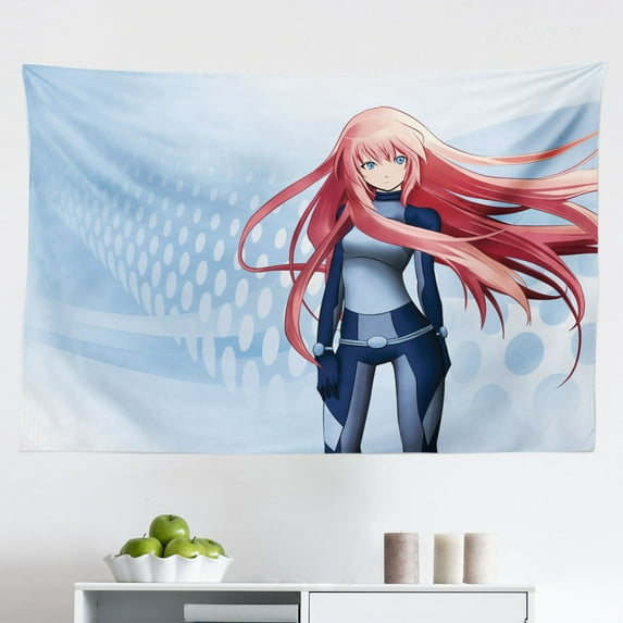 Anime Tapestry, Manga Girl Blowing Bubbles from a Flower Japanese Cartoon Japan Art Print, Fabric Wall Hanging Decor for Bedroom Living Room Dorm, 2 Sizes, Pink Yellow, by Ambesonne