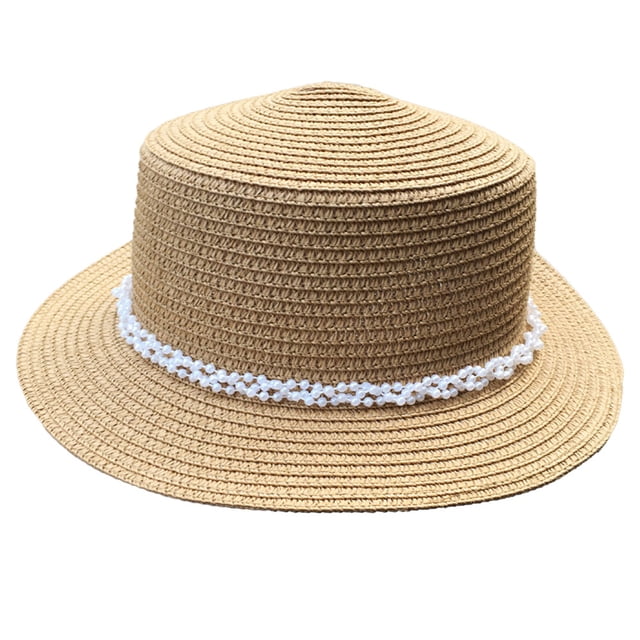 Sombrero de ala ancha y plana con parte superior de perla para mujer, de circunferencia de 56 a 58 cm, sombrero para el sol, plegable, para exteriores, para verano
