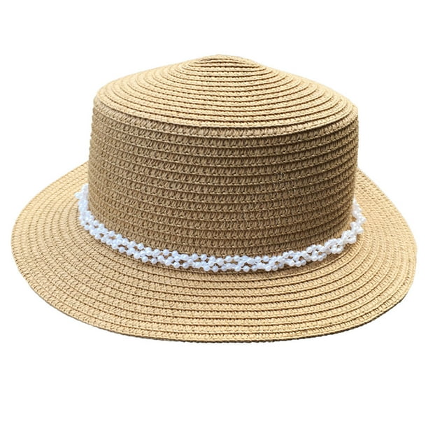Sombrero de ala ancha y plana con parte superior de perla para mujer, de circunferencia de 56 a 58 cm, sombrero para el sol, plegable, para exteriores, para verano