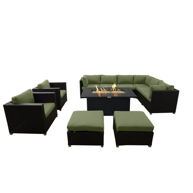 Innesbrook Collection 11-Piece Aluminum Patio Conversation Set with Green Cushions and Rectangle Fire Table