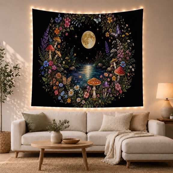 Magical Moonlit Forest in Wreath Whimsical Fantasy for Nature Lovers, Forest Art Wall Decor, Housewarming Gift Tapestry Wall Hanging for Bedroom and Dorm