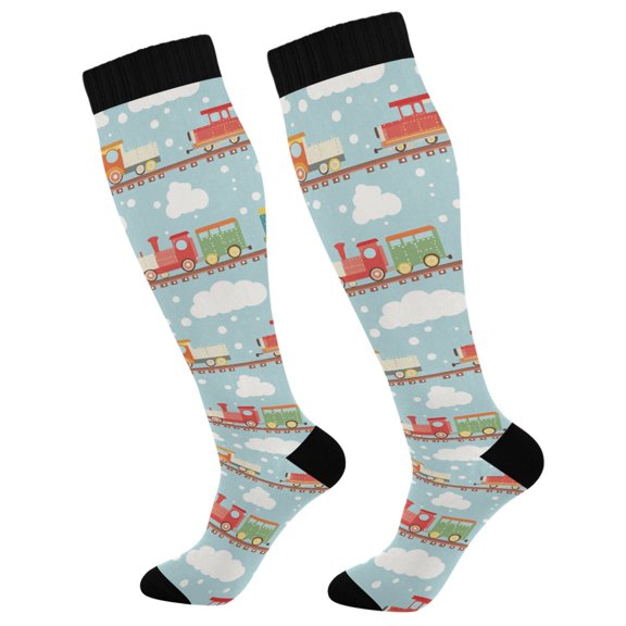 FORMRS Womens Knee High Socks Casual Long Thick Travel Daily Wear, 1 Pair, Red Trains Pattern