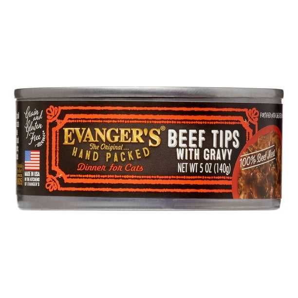 Evanger's Hand Packed GrainFree Beef Tips with Gravy Wet Cat Food, 5.5 oz