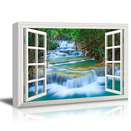 Window Frame Art Canvas Print Wall Art - Window Frame Style Wall Decor - Cascading Waterfall in The Forest | Giclee Print Gallery Wrap Modern Home Decor. Stretched & Ready to Hang - 24