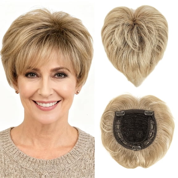 Short Hair Topper for Thinning Hair 5.5 Inch Short Pixie Cut Toppers Pieces Natural Curly Texture Synthetic Brown Mix Natural Blonde Wiglets Hairpieces (5.5 inch)