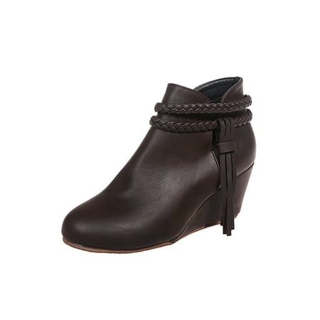 

Woobling Womne s Non Slip Ankle Boots Winter Warm Wedge Booties Work Braided Fringe Coffee 7.5