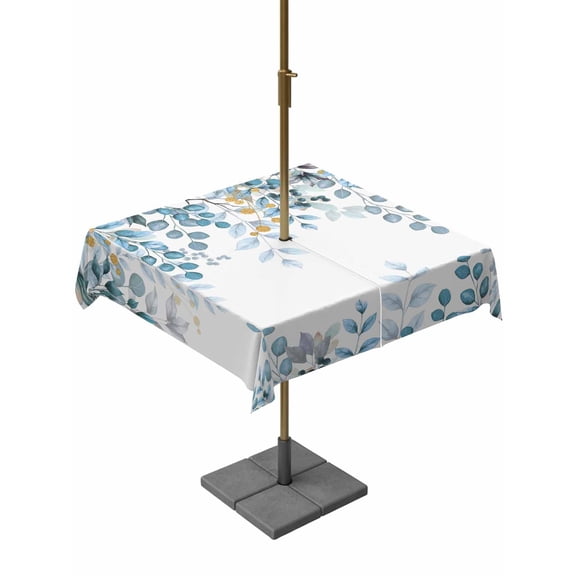Outdoor Table Cloth with Umbrella Hole and Zipper, Blue Eucalyptus Leaves Waterproof Square Tablecloth 60"x60", Farmhouse Watercolor Floral Washable Table Cover for Outside Party Patio Picnic