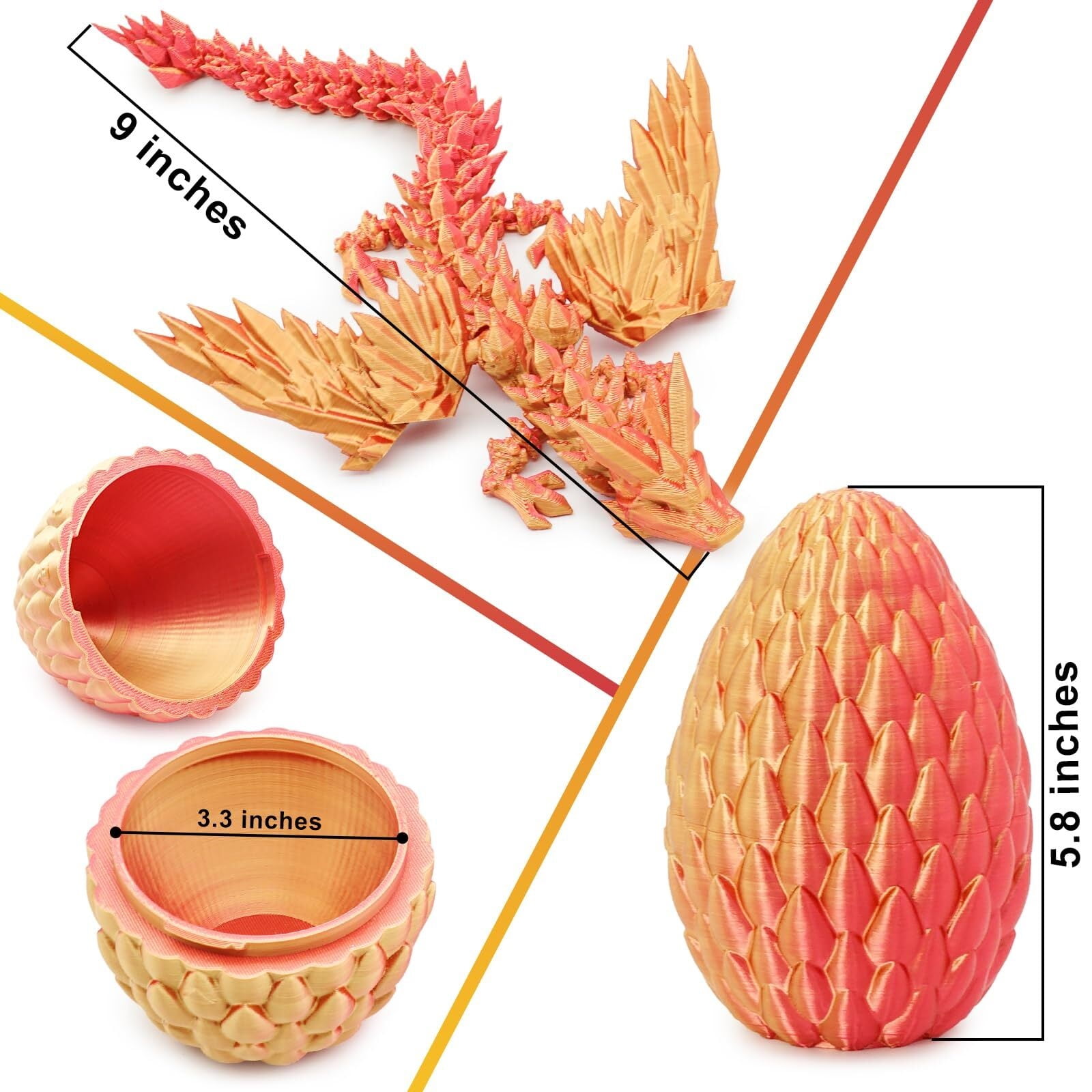 1set 3D Printed Dragon Egg Gift Set (2 Pack, M Size)  Articulated Dragons Inside, Winged + Wingless Design, Surprise For , Red Orange Color, Collectible Fidget For Adults
