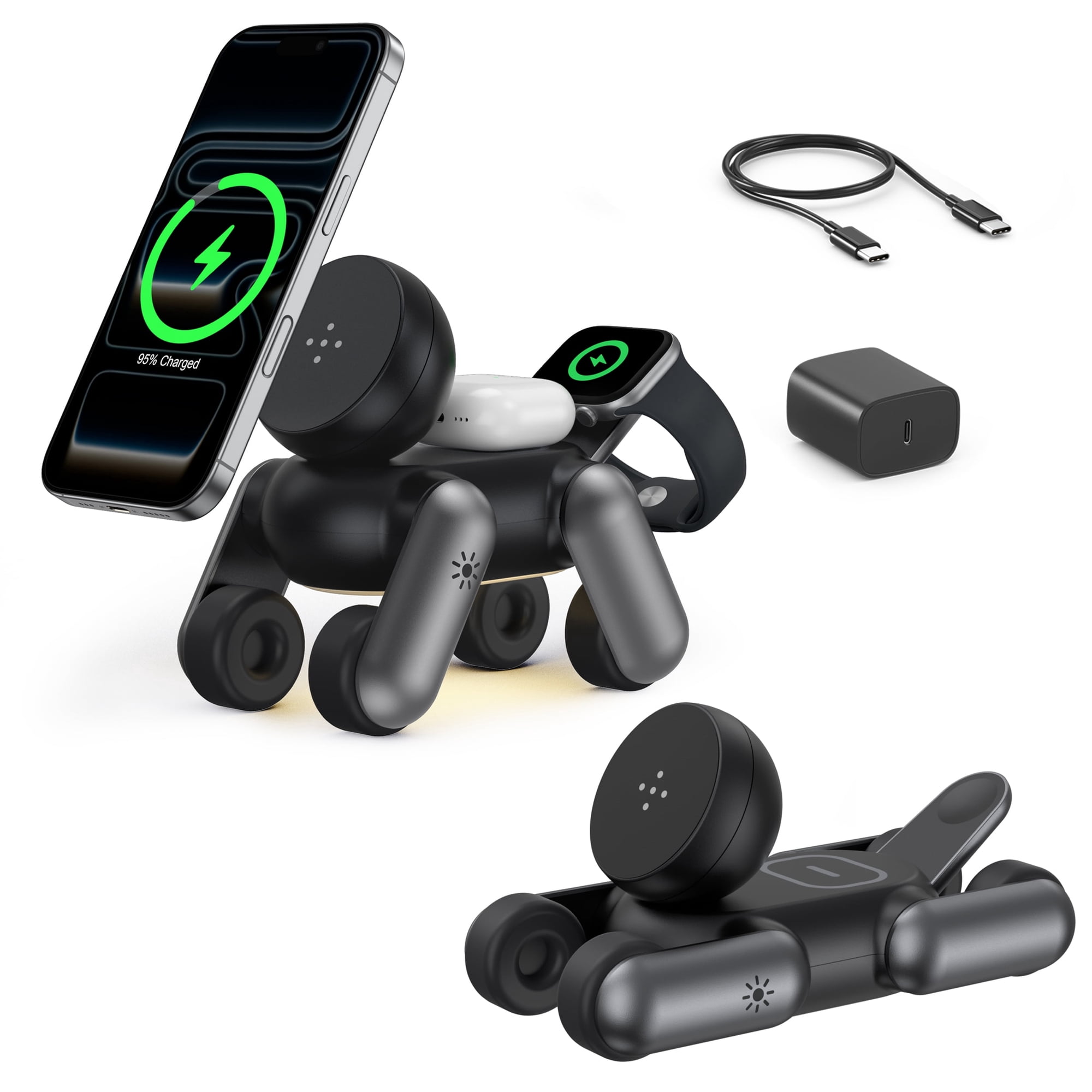 Imego 3-in-1 Morphic Canis Mag-Safe Wireless Charger Compatible with IPhone 17-12, AirPods, Apple Watch & Night Light Black