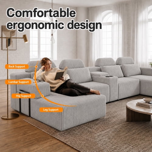 145.7 Inch Oversized U-Shaped Modular Sectional Sofa with Lounge Chaise, Cup Holders & Hidden Storage - Compression Sofa for Home Theater & Luxury Living Room, Gray